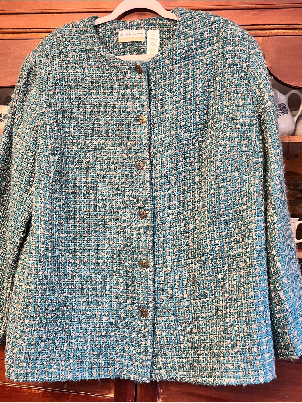 Alfred Dunner Teal and Cream Bouclé Button Jacket